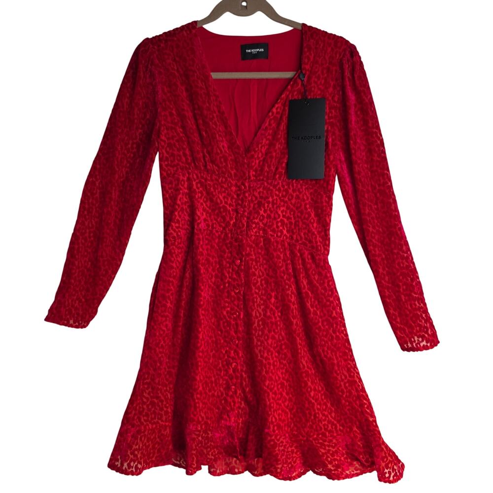 KOOPLES SZ2 NWT burnout Velvet texture‎ Red Leopard V neck Buttondown sexy dress